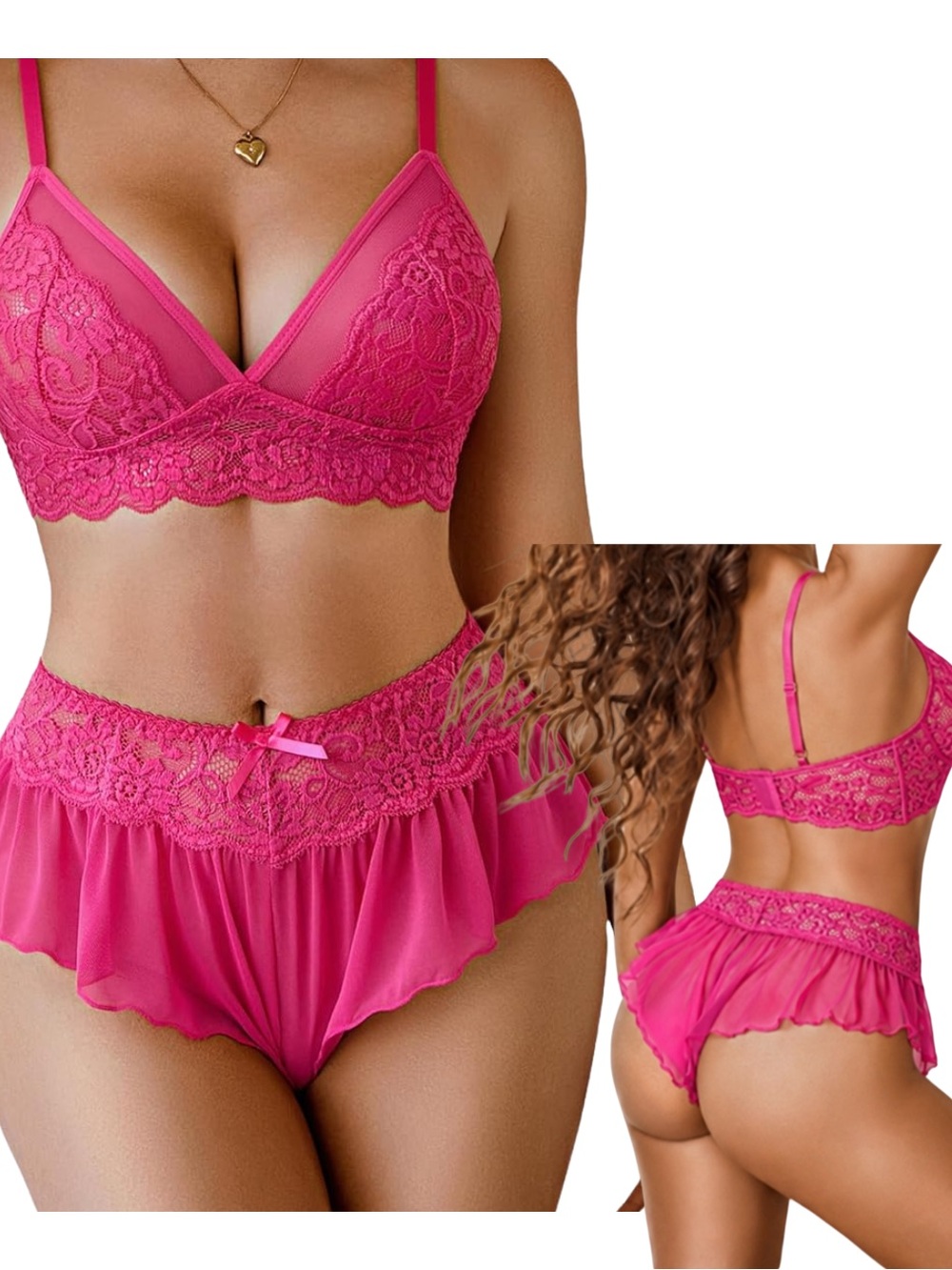 Lace Trim Pink Bralette & Ruffle Short Set - Women's Intimates